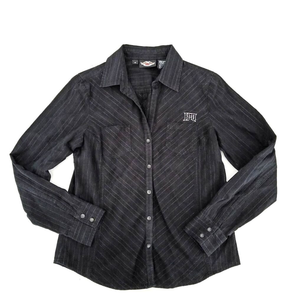 Harley-Davidson Black Pinstripe Button Up Shirt Long Sleeve Biker Moto M